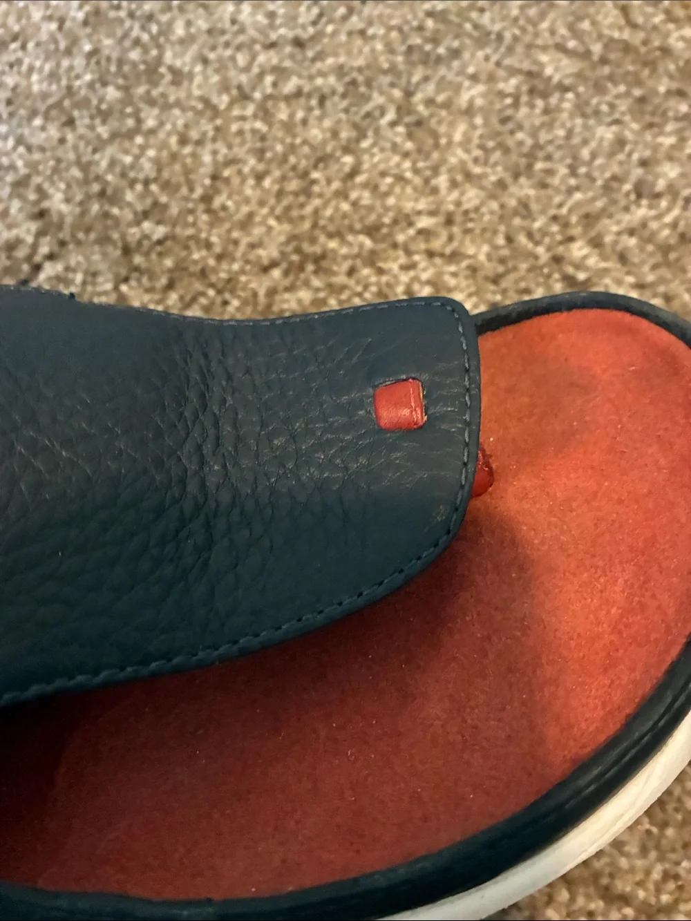 Merrell Manu  Navy Leather Slide Performance Sandals with Orange-Red Footbed